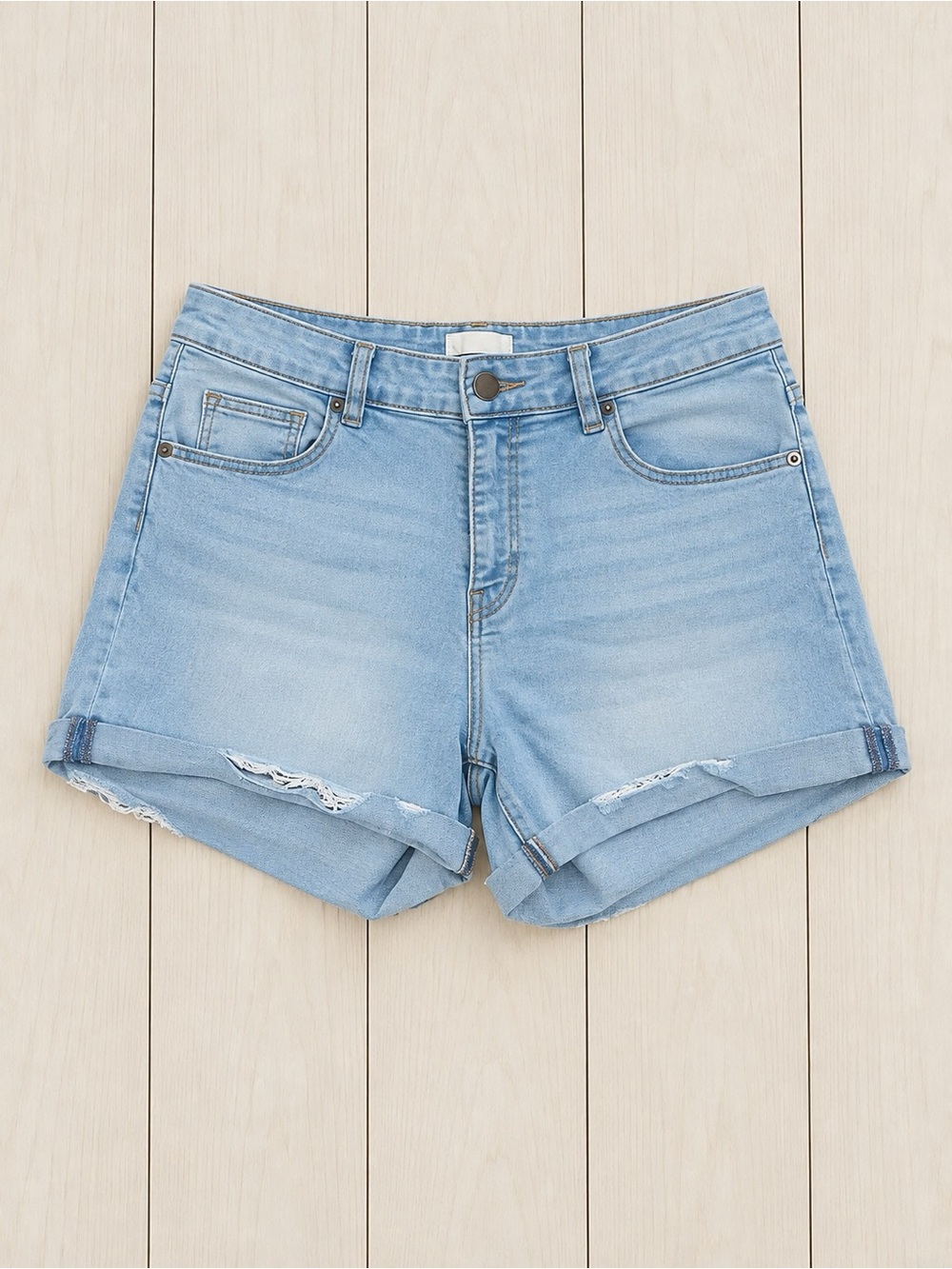 H&M Women's Light Wash Blue Denim Cut Off Cuffed Shorts 12 5-Pocket Button